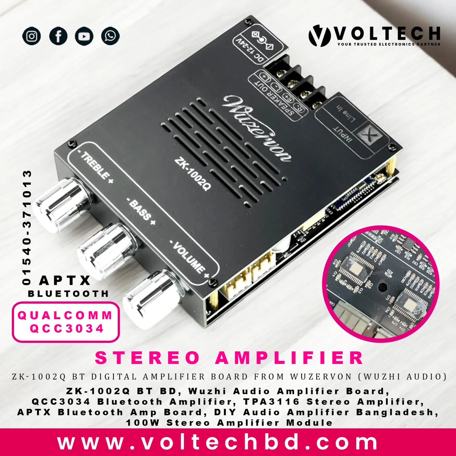 ZK-1002Q BT Digital Amplifier Board QCC3034 TPA3116 | Wuzhi Audio